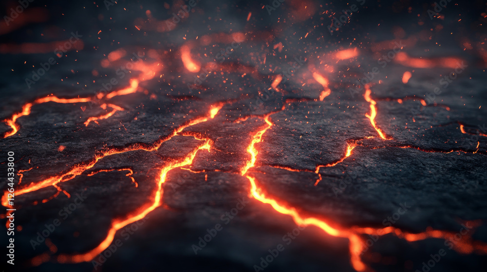 Poster ground cracks with red glow of fire or magma inside. vector realistic set of lightning, electric imp