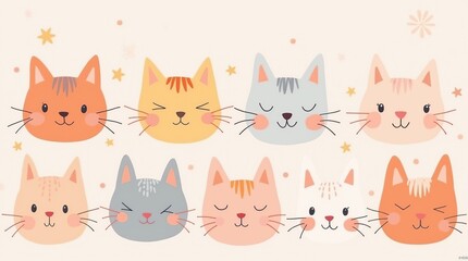 Colorful Cartoon Cat Faces With Whimsical Expressions and Decorative Stars
