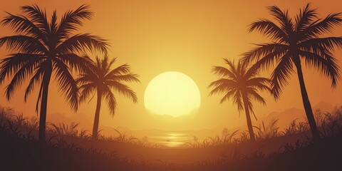 Obraz premium Tropical Sunset with Framed Palm Trees and Faint Hills in Background