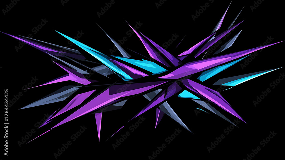 Poster abstract geometric explosion of purple and cyan on black background sharp angular design