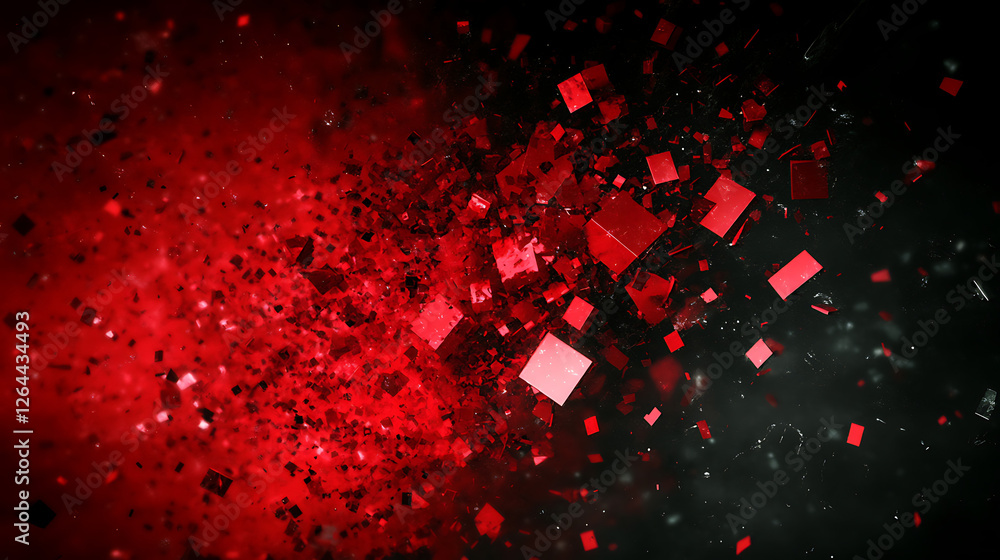Poster abstract geometric explosion of red squares on a black background visual display pattern design elem