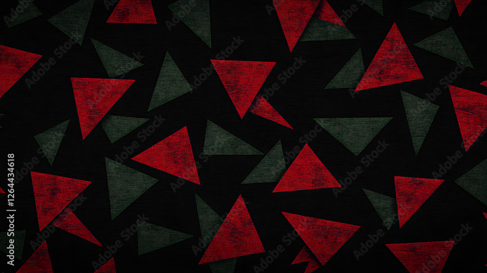 Poster abstract geometric triangles pattern with red and green tones on a dark black background