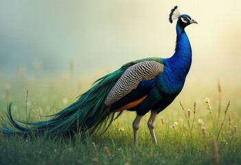 Obraz premium Vibrant Blue Peacock Standing Proudly in Grassy Meadow