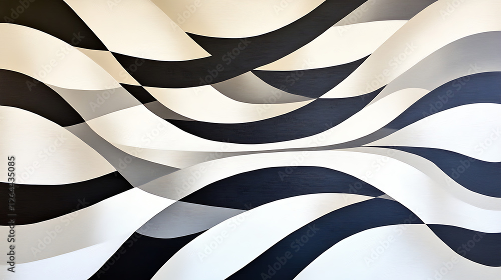 Poster abstract interwoven black white and grey curved shapes creating visual depth and perspective illusio