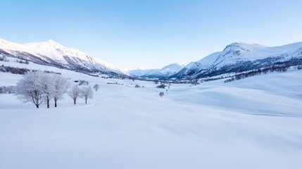 Snowy mountain valley sunrise landscape, winter wonderland scene