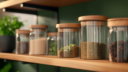 A neatly organized shelf displaying various glass jar filled with colorful spices and herb