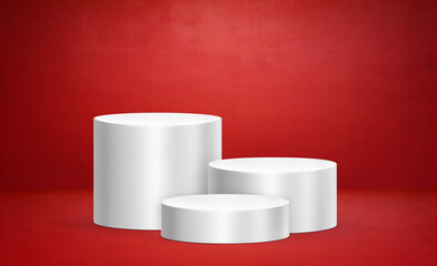 White product display stand in a studio room with a red background for product display and presentation.