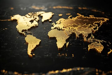 3D style of a world golden map on black background. world gold price market concept.

