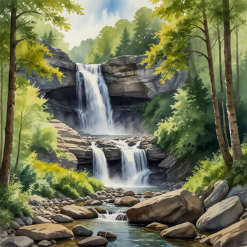 watercolor illustration of Kent, Connecticut, focusing on the natural beauty of Kent Falls State Park.