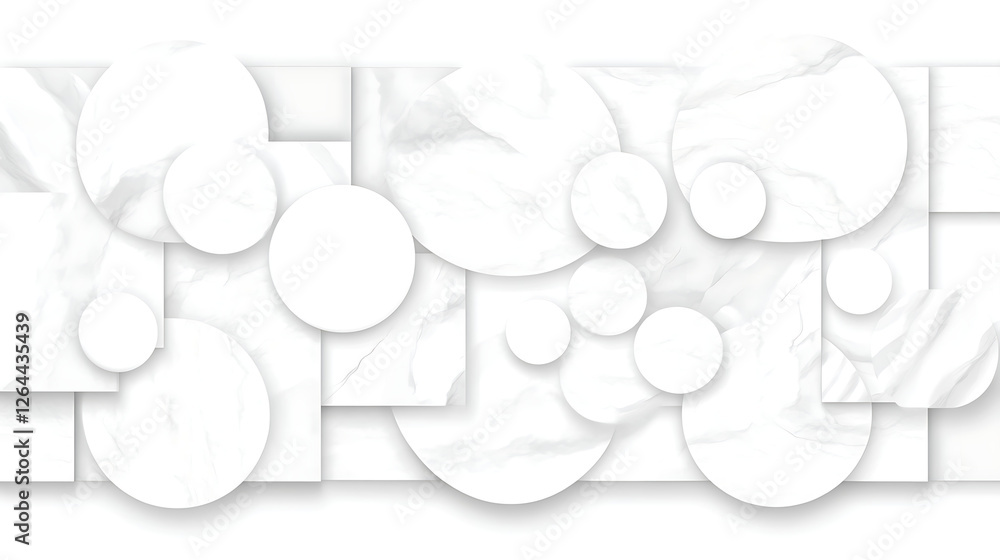 Poster abstract marble texture with circles and squares interplay in white and gray tones composition
