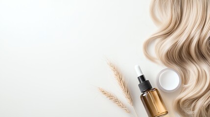 Naklejka premium Elegant hair care composition with serum and blonde curls on a white background. Beauty and wellness concept.