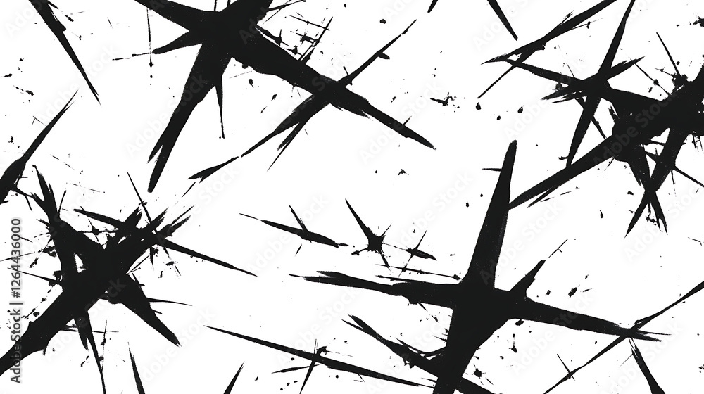 Poster Abstract Pattern with Black Grunge Crosses and Sharp Splatters on White Backdrop Surface Design