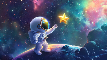 Astronaut in space on alien planet landscape, mobile arcade landing page. Cosmos background with cute cosmonaut in white spacesuit and helmet holding golden star, vector cartoon illustration