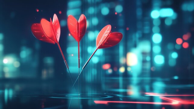 Three Red Arrows with Heart Shaped Tips in Urban Background