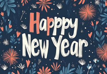 Vector lettering design for happy new year celebration with fireworks and floral patterns