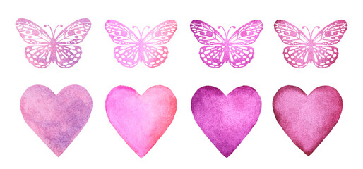 Set of watercolor hearts and butterflies isolated on white background