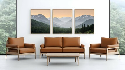 Modern Living Room with Triptych Mountain Sunset Wall Art
