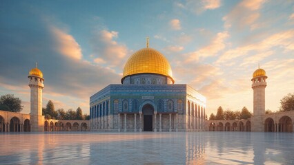 Obraz premium Grand mosque with domes and minarets on a sunny day. Sacred place of worship in Islam. For greeting cards, posters, banners, social media, religious publications, Islamic event promotions