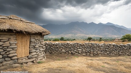 Traditional Stone House Under Dark Stormy Clouds in Rural Landscape