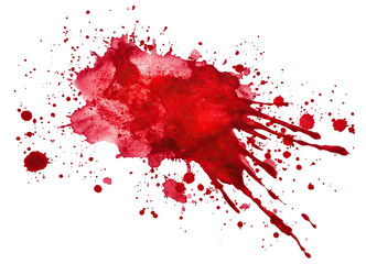 Red blood splatter with dynamic drops, isolated on transparent cutout background