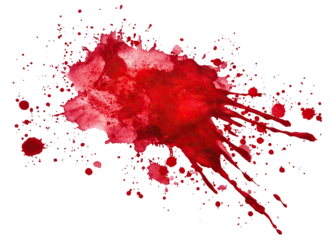 Red blood splatter with dynamic drops, isolated on transparent cutout background