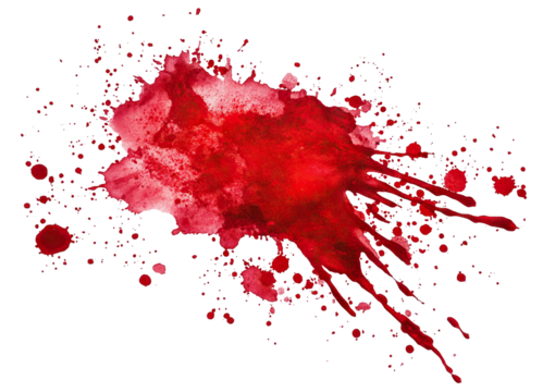 Red blood splatter with dynamic drops, isolated on transparent cutout background