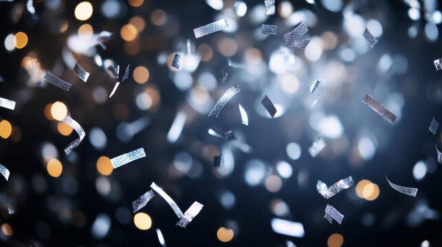 Holographic confetti flying on black background. Vector realistic illustration of glitter foil pieces sparkling in darkness, festive bokeh overlay effect, iridescent silver streamer falling at party