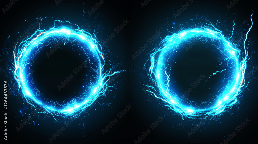 Aufkleber electric lightning frames, circle digital glowing borders in front and angle view. vector realistic 