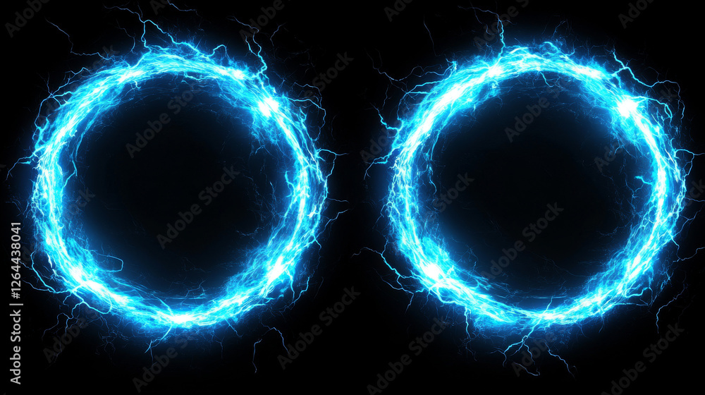 Aufkleber electric lightning frames, circle digital glowing borders in front and angle view. vector realistic 