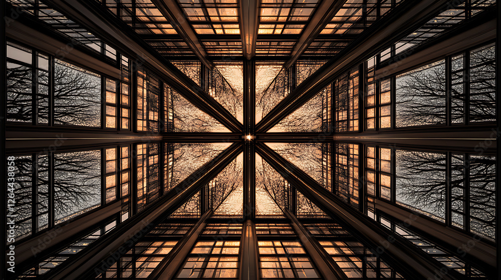 Poster abstract view of architecture facade with geometric patterns and autumnal tree reflection 80 chars