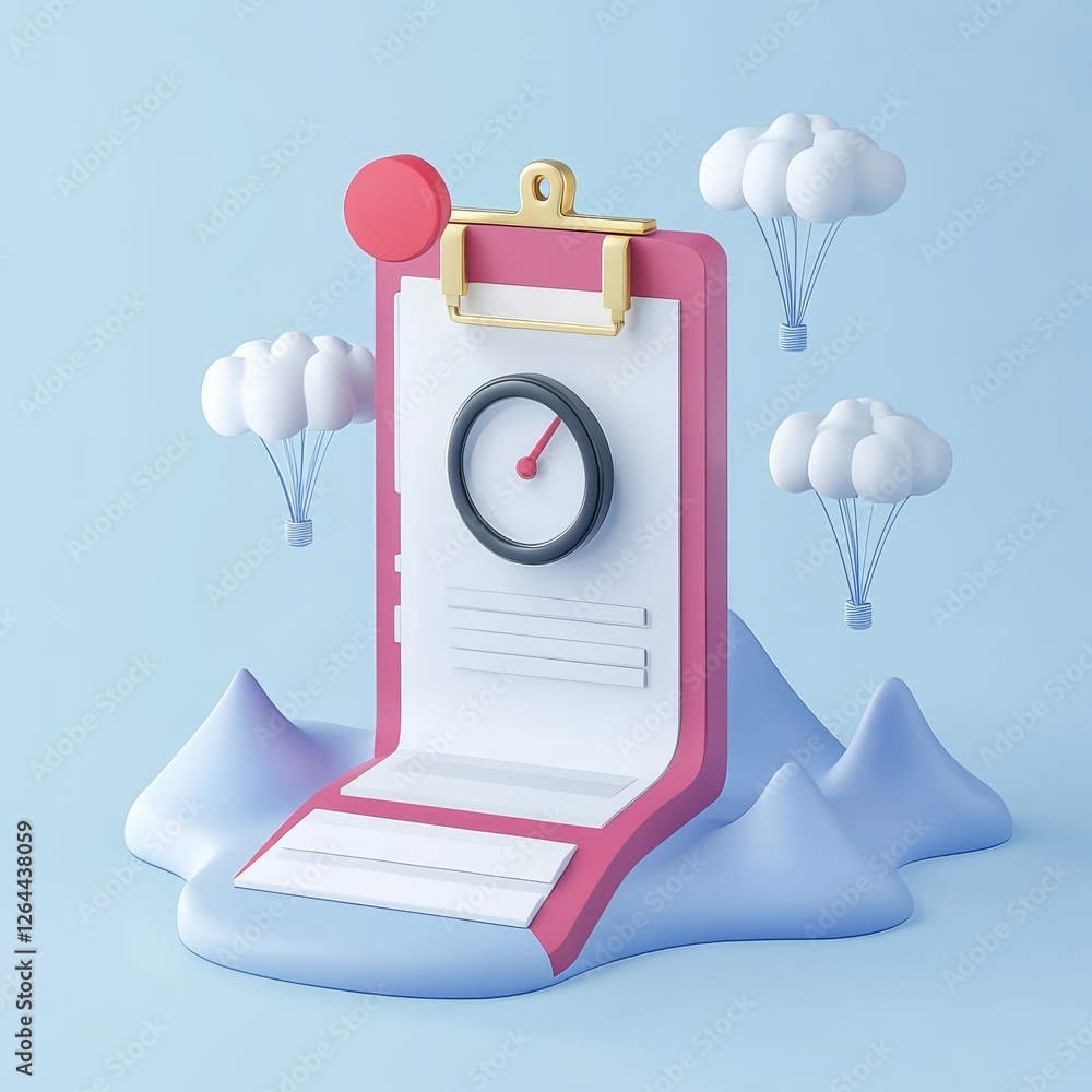 Poster a colorful clipboard design with clouds and mountains in a whimsical, playful setting. 3d style