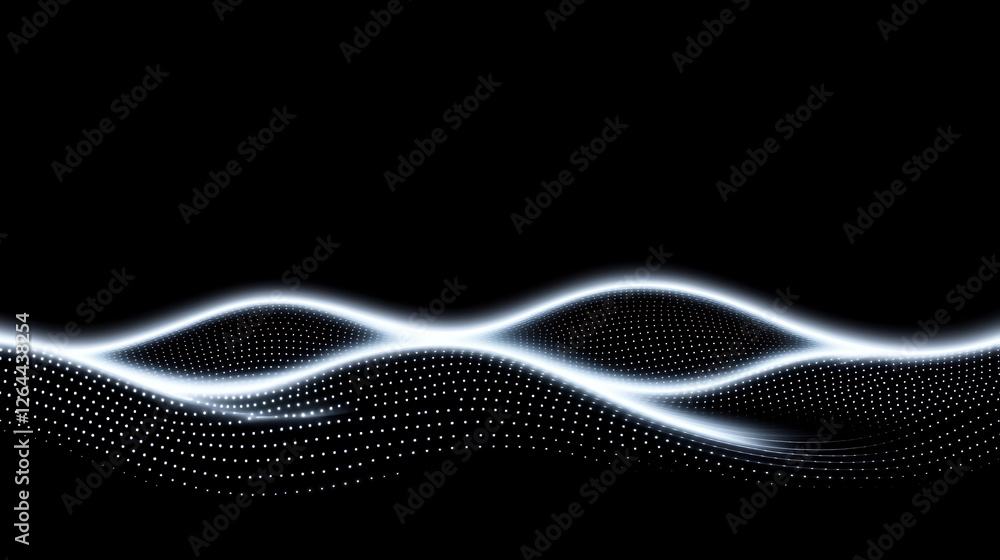 Poster abstract waving lines with glowing dots on black background digital display data visualization