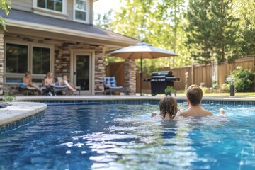 Children relaxing in swimming pool during summer vacation