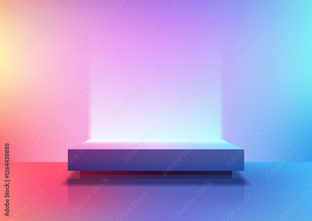 Poster futuristic technology cyberpunk concept illuminated platform with vibrant gradient backdrop and refl
