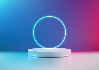 Futuristic Technology Neon Blue Circle on 3D White Cylindrical Platform in Gradient Pink and Blue Room