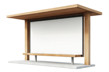 Modern wooden bus stop with blank advertising board, isolated on transparent cutout background
