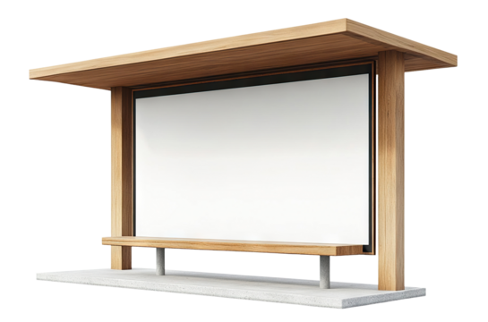 Modern wooden bus stop with blank advertising board, isolated on transparent cutout background - Powered by Adobe