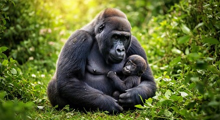 Obraz premium A Gentle Gorilla Mother Cradling Her Tiny Infant in a Sun-Dappled Clearing Deep in the Rainforest 
