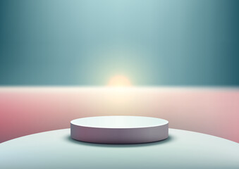 minimalist white 3d podium on gradient blue pink backdrop, modern product display mockup