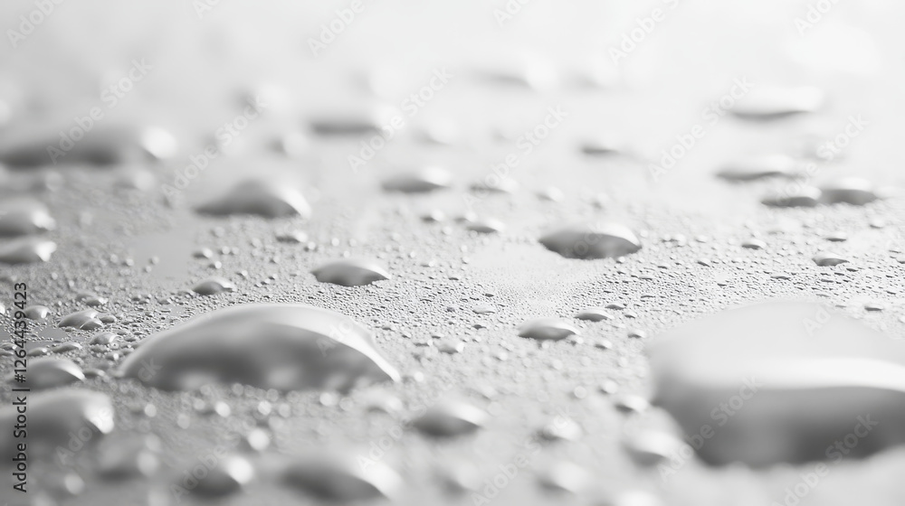 Poster condensation water drops on white horizontal background. rain droplets with light reflection abstrac