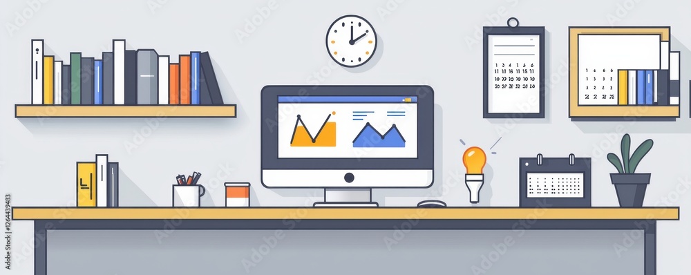 Poster modern minimalist workspace with computer and shelves showcasing data analytics