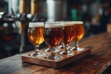 Beer flight resting on wooden table in brewery