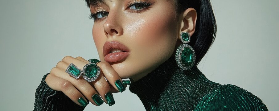 Elegant woman adorned with emerald jewelry and green fashion ensemble