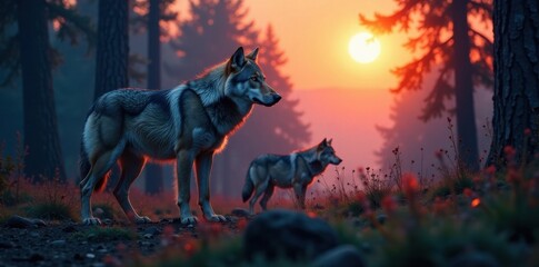 Naklejka premium Wolf pack in wilderness at dusk, hunting, animals, sunset