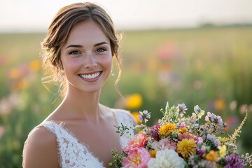 Fototapeta premium Beautiful Bride Posing with Wildflower Bouquet in Field