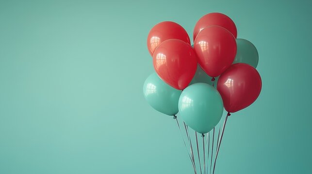Colorful balloons in red and light blue against a soft turquoise background for celebrations