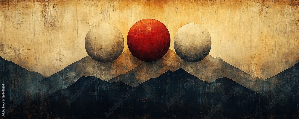 Poster abstract artwork with three textured circular shapes on a grungy background
