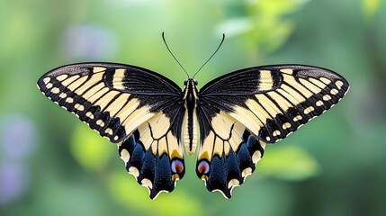Fototapeta premium Yellow Black And Blue Butterfly With Open Wings On Green Background