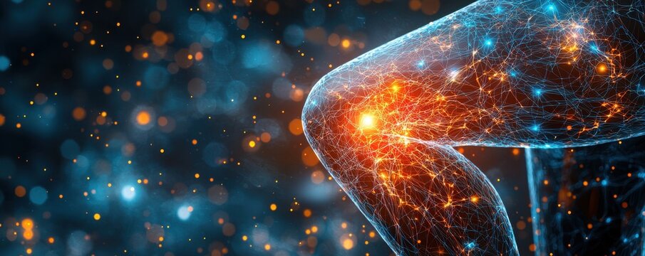 Abstract digital representation of knee joint pain with vibrant glowing visuals - Powered by Adobe