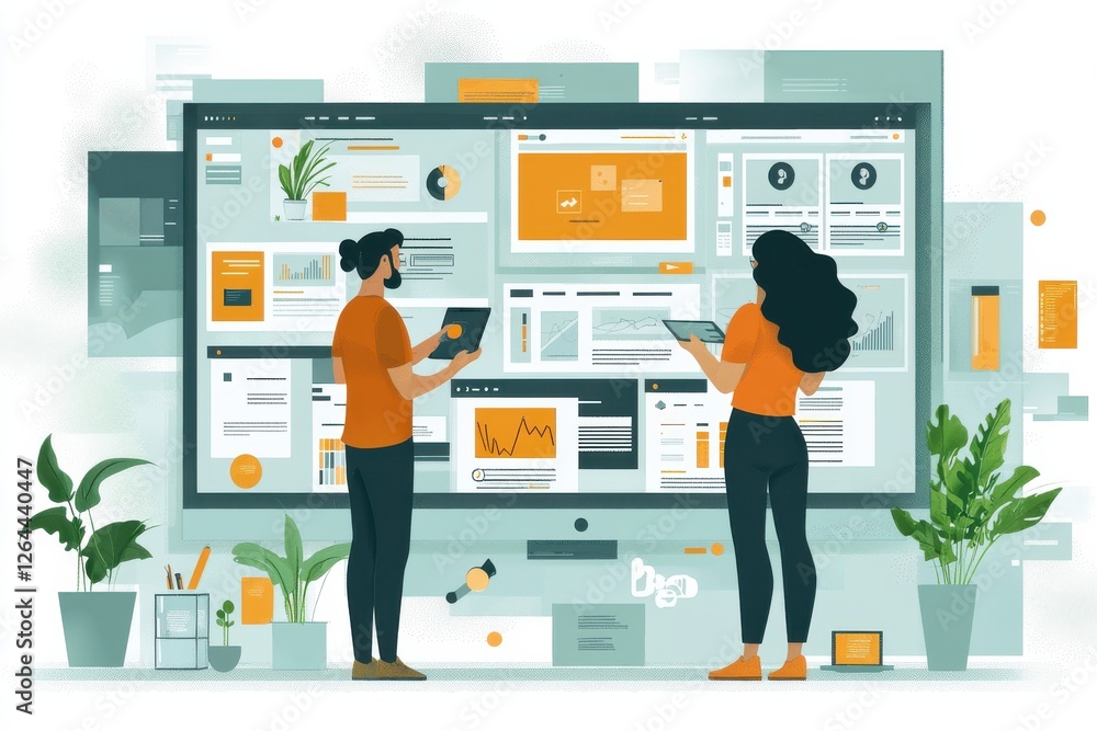Poster three professionals analyzing data on multiple digital dashboards in an office space